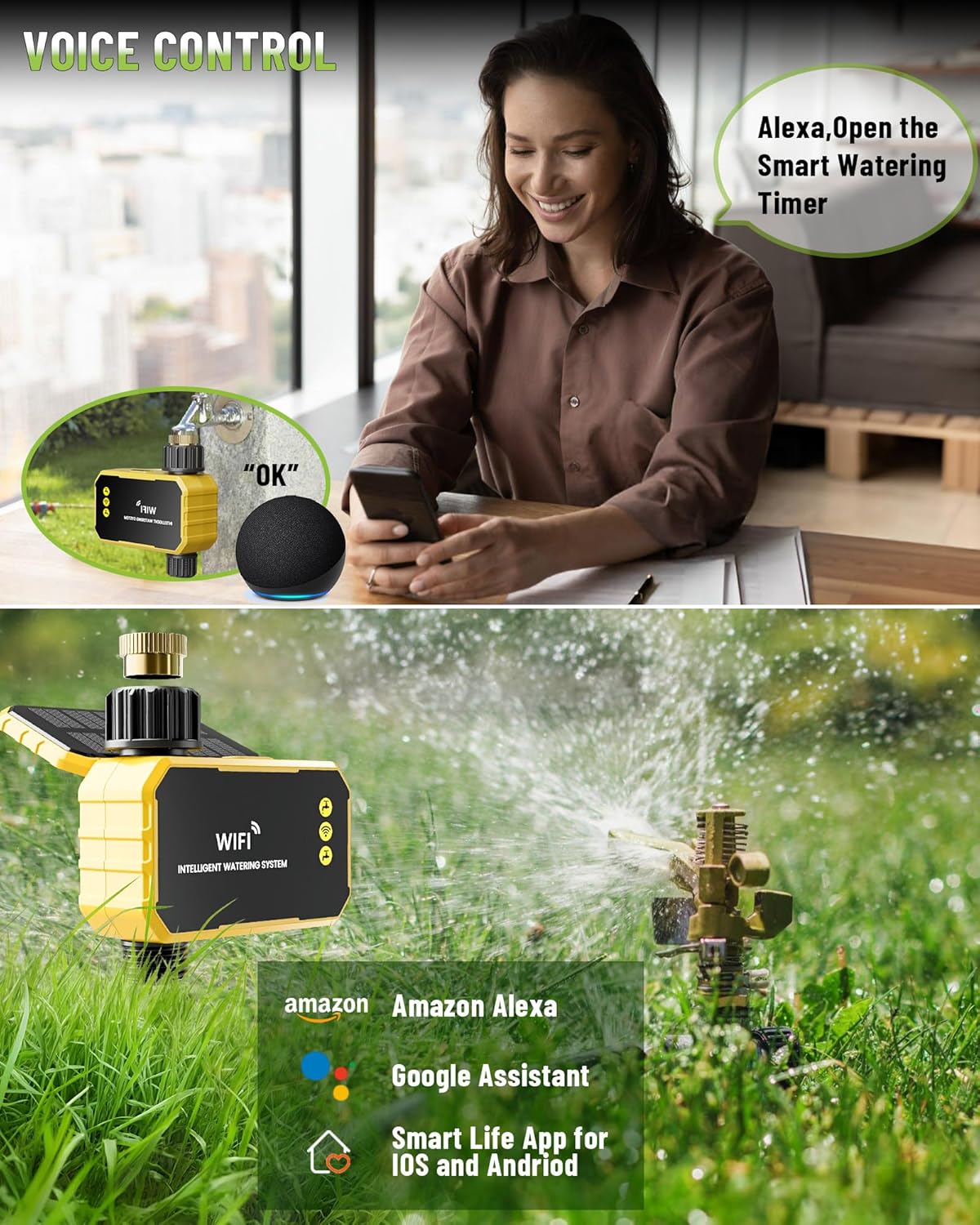 WiFi Water Timer with Brass Inlet No Need Gateway, Smart Hose Timer WiFi Sprinkler for Garden Hose, APP Remote Control Via 2.4Ghz WiFi Voice Control with Alexa and Google Assistant
