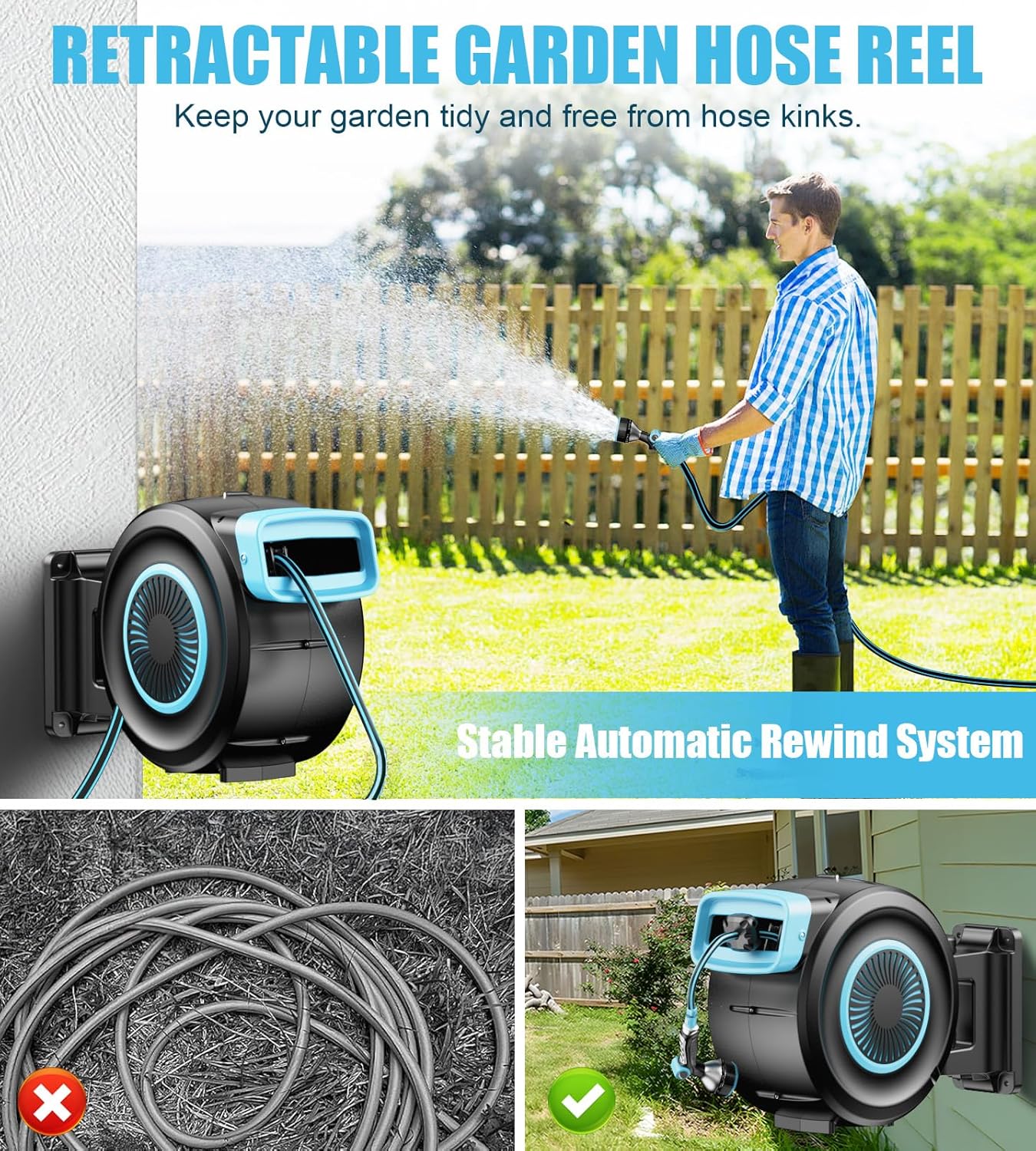 Retractable Garden Hose Reel, 65FT Portable Garden Hose with Reel, Hose Reel Wall Mount with 9-Pattern Nozzle, Automatic Rewind System, 180° Swivel Bracket, Any Length Lock (65FT)
