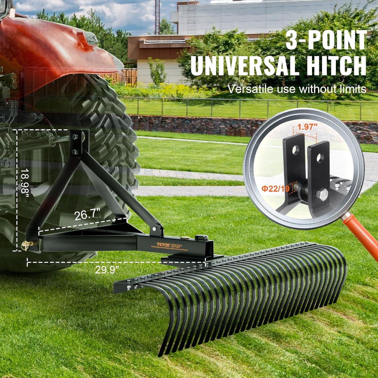 VEVOR Tow Behind Dethatcher, 60-inch Tow Dethatcher with 32 Steel Tines, 3-Point Lawn Dethatcher Rake with Attachments for Tractor, Landscape Rake for Garden, Farm, Grass