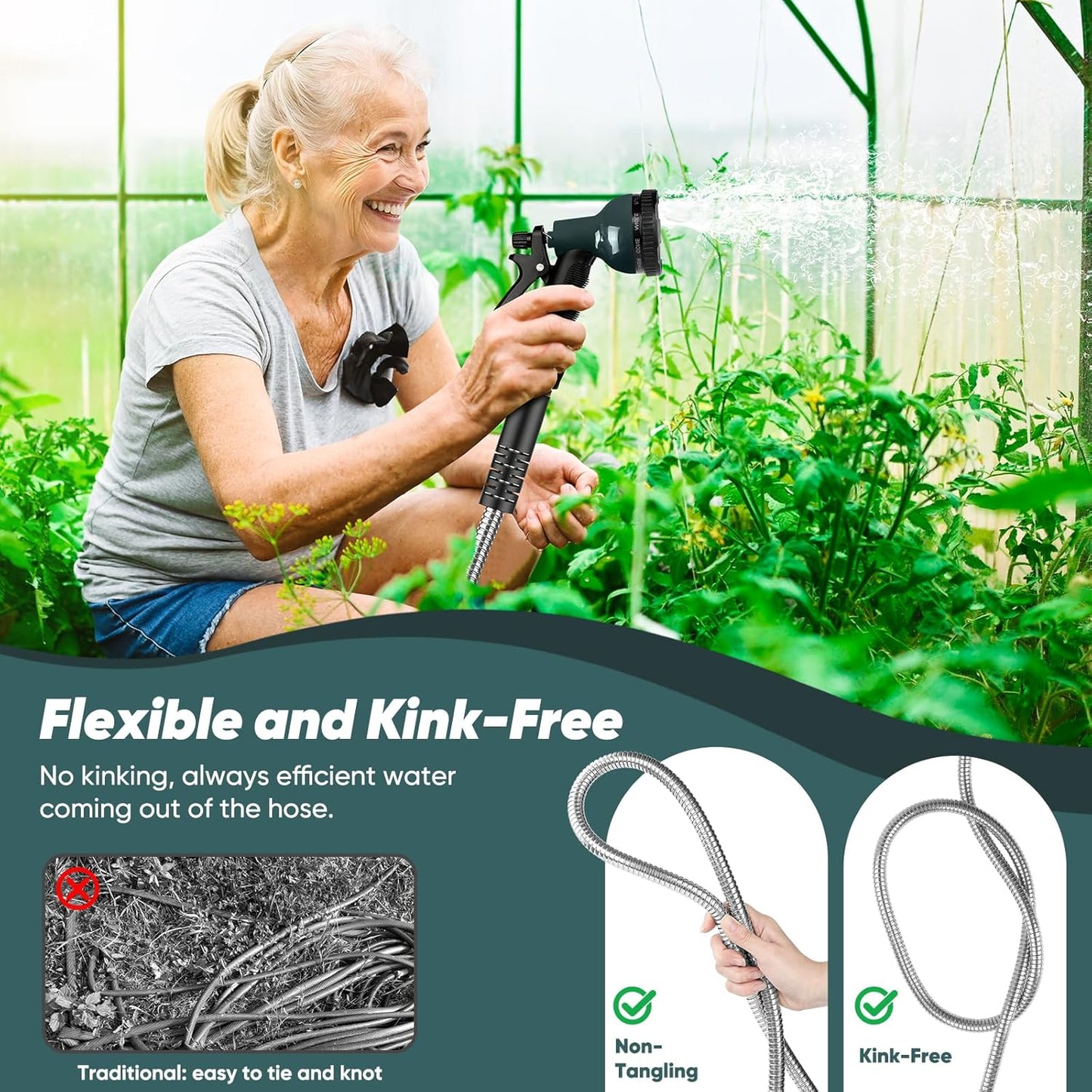 Garden Hose 50 FT with 10-Function Nozzle, Leak-proof Metal Connector Water Hose, No Knots, Kink-Free, Lighter, Anti-Pets, Wear-Resistant, 3/4 GHT, Metal Hose for Garden, Yard, Outdoor