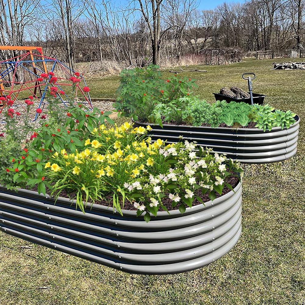 A ANLEOLIFE 5-Pack 6X2X1.5ft & 12X3X1.5ft Deep Root Galvanized Raised Garden Beds Outdoor for Planting Vegetables Flowers Herb, Quartz Grey