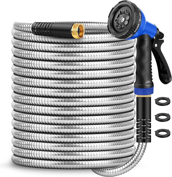 Garden Hose 50 ft, Stainless Steel Metal Hose, Flexible Water Hose with 10 Function Nozzle, Kink Free, Leak-Proof, Heavy Duty Hose for Yard, Outdoor, Lawn, RV, Car Wash and Camper Use