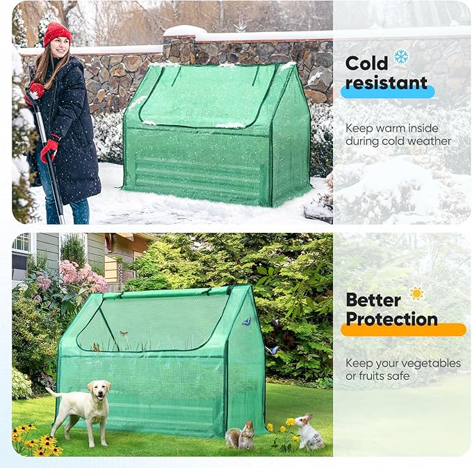 Quictent Raised Garden Bed with Cover Outdoor Galvanized Steel Planter Box Kit with Greenhouse Large Zipper Window Dual Use, 20pcs T-Type Tags & 1 Pair of Gloves Included 4x2.5x1 FT (Green)