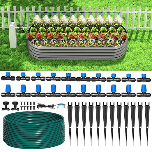 Bonviee 65FT Drip Irrigation System with Quick Connector- New Automatic Drip Irrigation Kits Garden Watering System for Raised Bed Garden Greenhouse with 1/4'' Tubing, Drip Emitters, Connectors