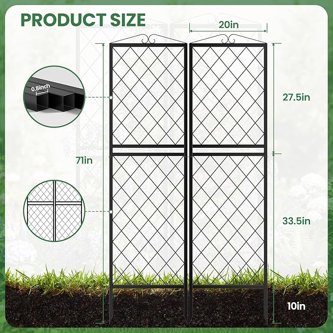 2 Pack 71 Inch Metal Garden Trellis for Climbing Plants, Thickened Square Tube Metal Garden Trellis for Vines Plant Rose Vegetable Support,Large Decorative Outdoor Trellis