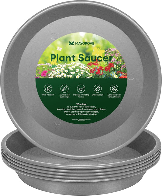 6 Pack Plant Saucer, 8 10 12 inch Plant Saucers for Indoor, Heavy Duty Plastic Plant Trays for pots, Grow Bags, Bird Baths, Flower Drip Trays for Indoor and Outdoor Uses (8", Gray)