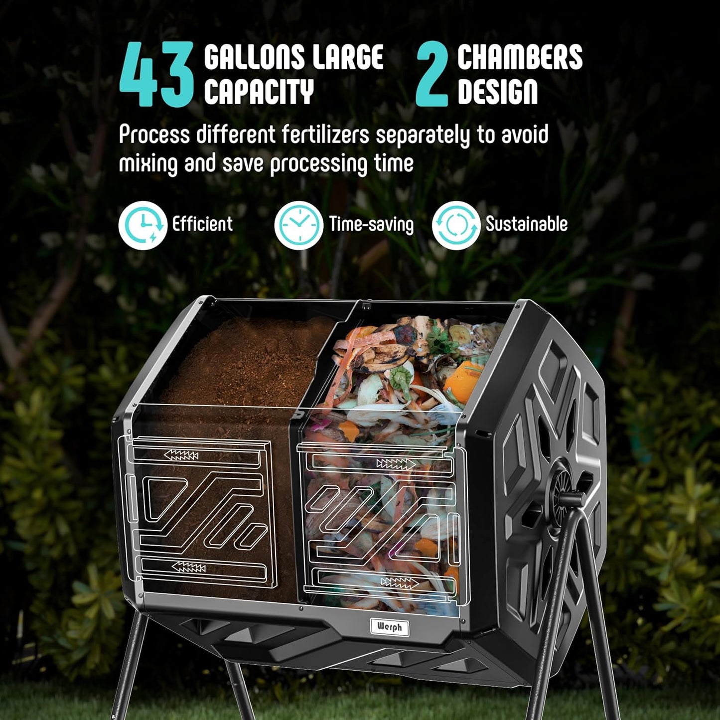 Compost Bin Outdoor Composter, Fast Assembly 43 Gallon Dual Chamber Outdoor Compost Tumbler, Heavy Duty Tumbling Rotating Composter for Patio, Garden,Yard, Black, Easy Setup, Gloves Included