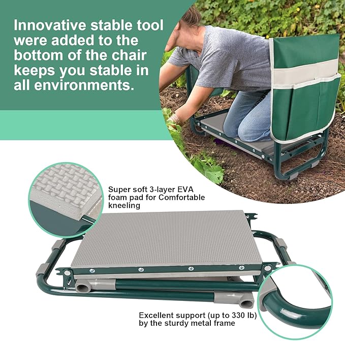 Garden Kneeler Seat Foldable Garden Stools Heavy Duty Gardening Bench for Kneeling and Sitting with Tool Pouch, Storage Bag and 3 Tools, Perfect Gardening Gifts for Parent Gardener