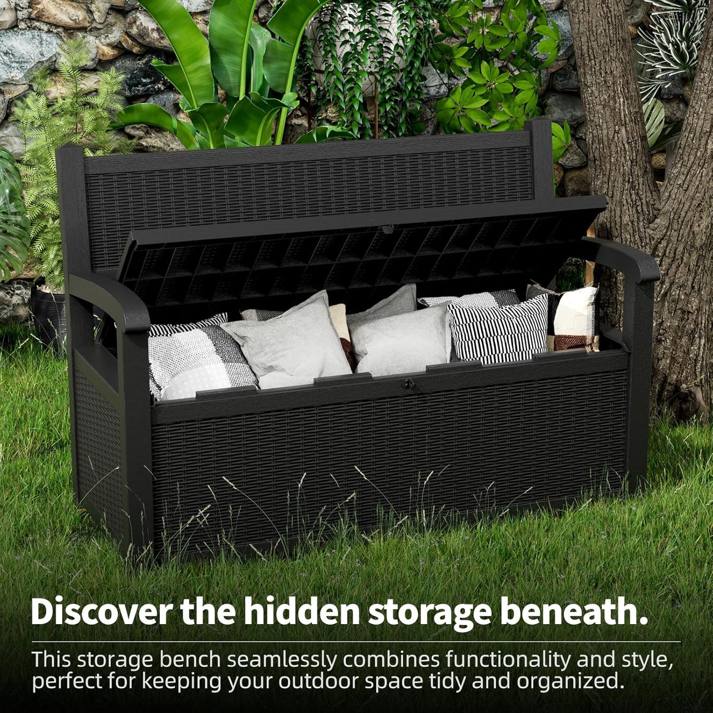 80 Gallon Outdoor Storage Bench Deck Box Waterproof Lockable,Outdoor Storage Furniture for Patio,Garden and Porch,Tools and Cushions（Black）