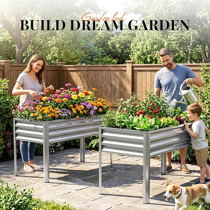 KING BIRD Large Raised Garden Bed with Legs Galvanized Elevated Planter Box 48×24×32 in for Backyard, Patio, Balcony, 400lb Capacity, Silver 2pcs