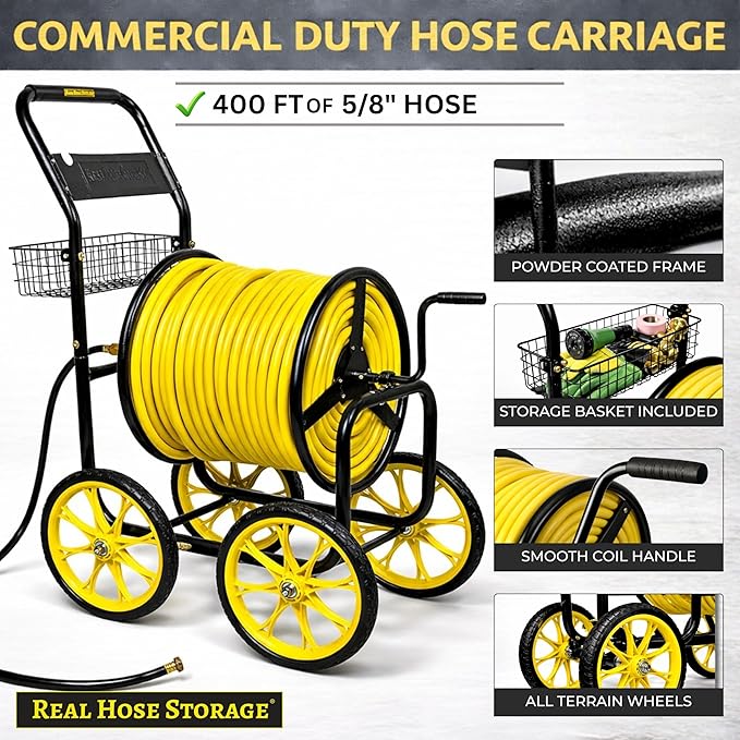 Garden Hose Reel Cart, Heavy Duty Hose Reel with Wheels, Outdoor Water Hose Reel for Backyard, Garden, or Lawn, Metal Hose Carts (400ft Hose Carriage)