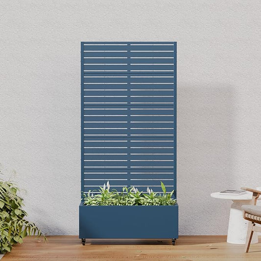 Casaphoria Metal Raised Garden Bed with Trellis and Wheels, 72"x35"x16" Planter Box for Climbing Plants, Vegetables & Vines, Features Drainage Holes and Privacy Screen, Blue-Louvered