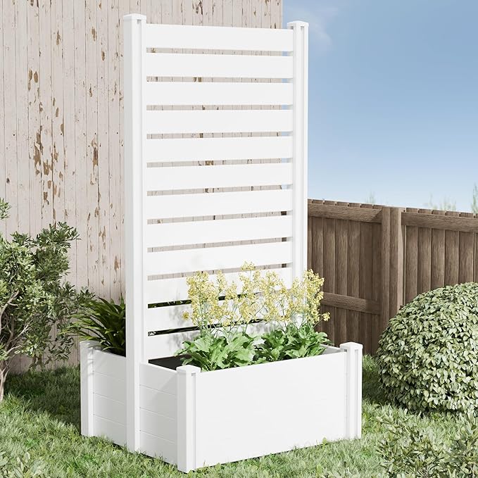 Casaphoria Raised Garden Bed with Trellis, 71"x35"x24" Planter Box with Open Bottom for Gardening Vegetables & Vines and Climbing Plants, White