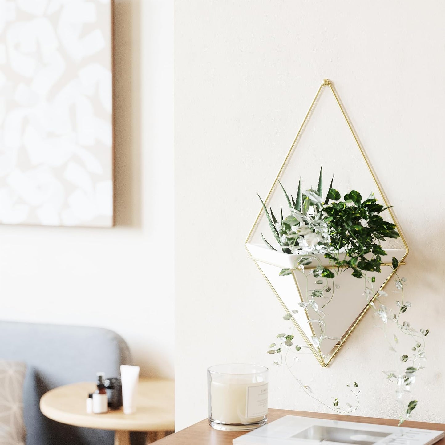 Umbra Trigg Hanging Planter Vase & Geometric Wall Decor Container - Great for Succulent Plants, Air Plant, Mini Cactus, Faux Plants and More, White Ceramic/Brass