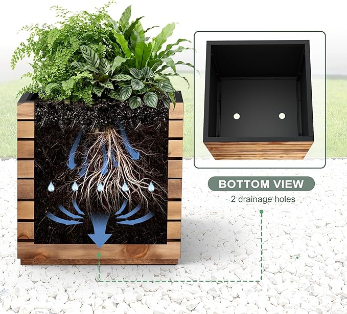 Metal Planter Box for Outdoor Plants, Black Rectangular Planters for Porch with Drainage Holes, All-Weather Use, Rust-Resistance (17" L x 17" W x 18" H, Walnut Wood Grain)