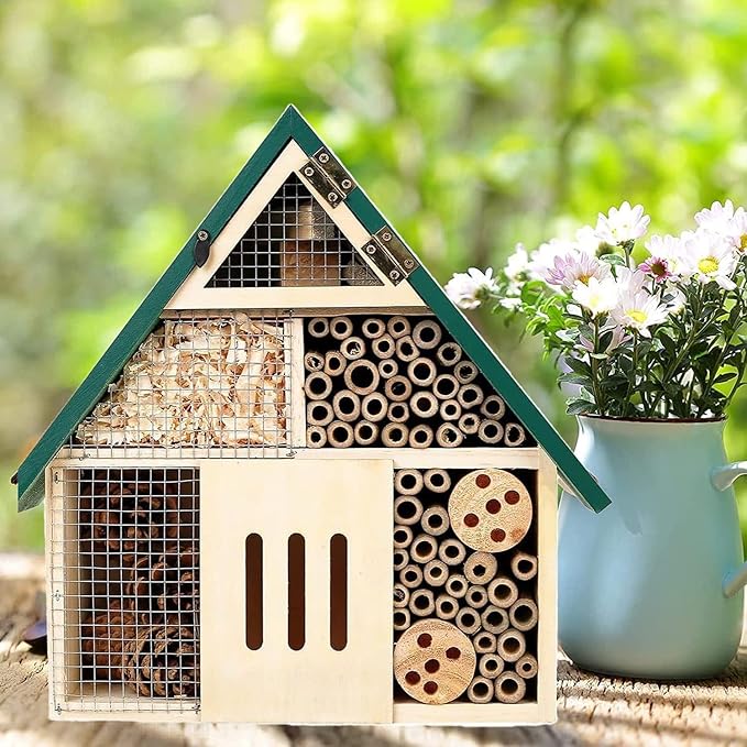 Bee House Hanging Insect Hotel – Natural Wooden Bee Hotel for Outdoors, DIY Insect Shelter for Garden, Yard, or Balcony – Attracts Pollinators Like Bees, Butterflies & Ladybugs