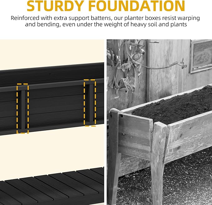 DWVO 48x18x30in Raised Garden Bed Kit, HDPE Planter Box Stand, Poly Wood Weather-Resistant Planter Box with Legs & Storage Shelf, Elevated Garden Bed for Backyard, Patio, Balcony,Black