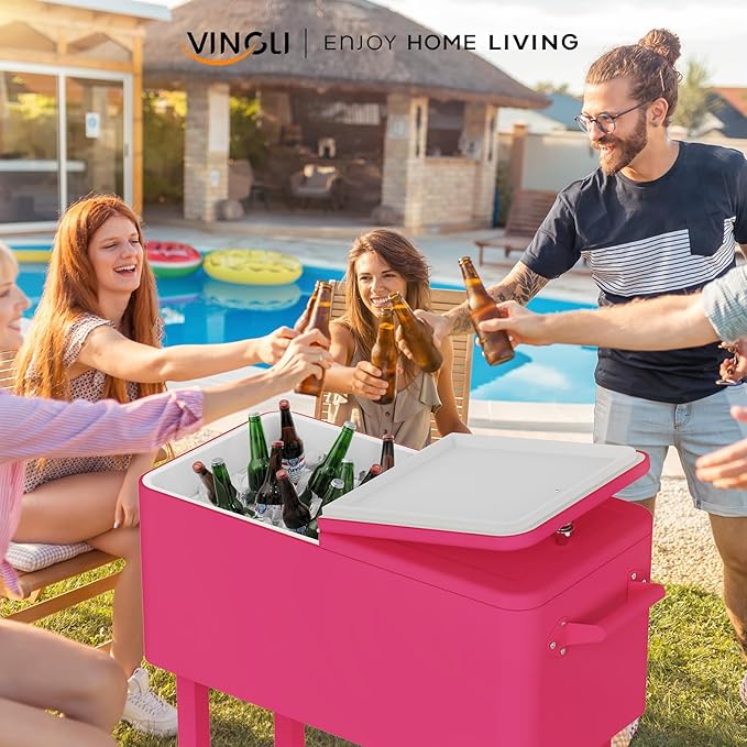 VINGLI 80 Quart Rolling Ice Chest, Portable Patio Party Bar Drink Cooler Cart, with Shelf, Beverage Pool with Bottle Opener