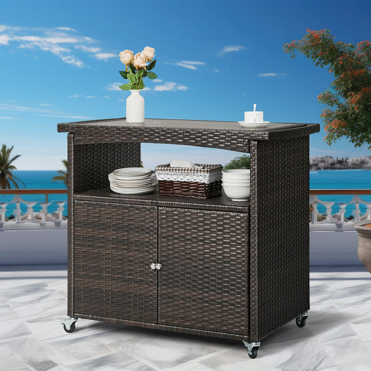 Outdoor Bar Cart with Storage Cabinet Patio Wicker Sideboard Buffet Cabinet Prep Table Outside Kitchen Serving Cart with Rolling Wheels & Handle Rattan Portable Bar Table with Shelves Doors Brown