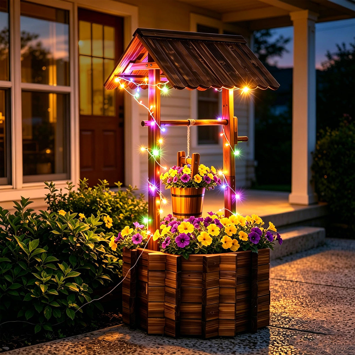 54" Outdoor Wooden Wishing Well Planter with Colorful LED Lights (54" H-wishing Well Planter)