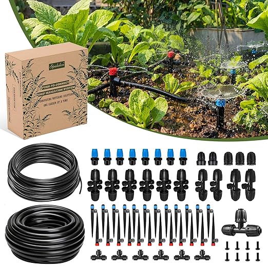 Drip Irrigation System Push-to-Connect Garden Watering System Kit for Raised Beds, Expandable DIY Drip Irrigation Kit with 1/2" & 1/4" Tubing, Adjustable Emitters, Leak-Proof Connectors