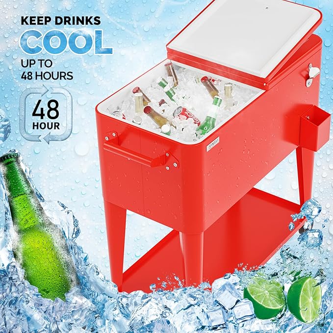 VINGLI 80 Quart Rolling Ice Chest, Portable Patio Party Bar Drink Cooler Cart, with Shelf, Beverage Pool with Bottle Opener