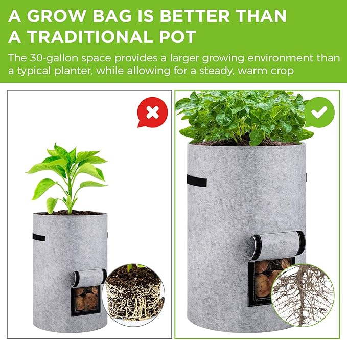 2 Pack 30 Gallon Potato Grow Bags with Harvest Window, Durable Garden Planter Bags with Handles for Potatoes, Tomatoes, and Vegetables - Indoor & Outdoor Gardening Supplies (Gray)