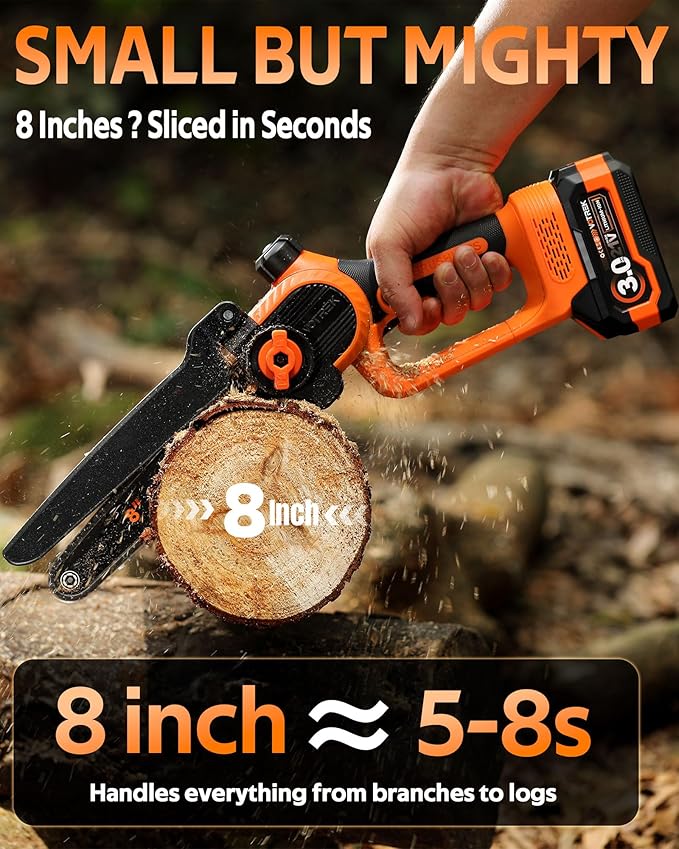 VOTREK® 8 inch Mini Chainsaw Cordless with 2x3.0AH Batteries - Powerful Brushless Electric Handheld Small Chain Saw for Wood Cutting, Tree Trimming & Branch Cutting, Auto Oiler & Tool-Free Tensioner