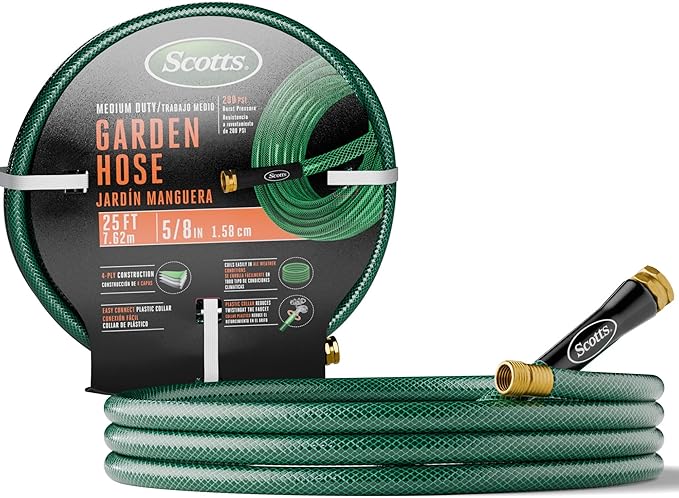 Scotts 25 ft. Garden Hose – 5/8 in. Diameter, 4-Ply Construction, 300 PSI, High-Pressure, Easy-to-Coil Water Hose with Crush-Resistant Couplings, Easy to Connect for Lawn and Garden Use