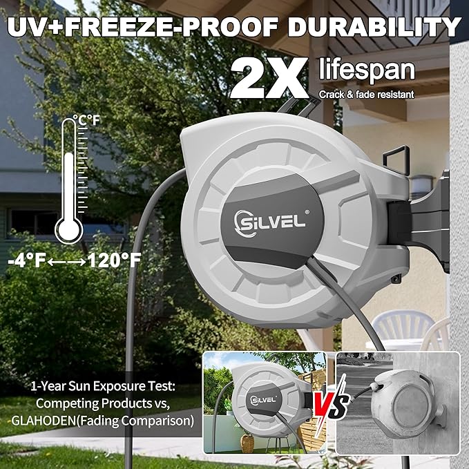 SILVEL Retractable Garden Hose Reel, 1/2 in x 110ft Wall Mount Heavy Duty Automatic Hose Reel with 10 Pattern Nozzle, Any Length Lock & Slow Return System, 180°Swivel Bracket Upgraded UV Resistant