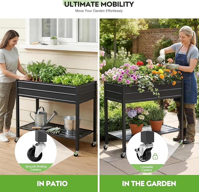 ZORMY 32" Tall Galvanized Raised Garden Bed with Legs Wheels & Shelf, Elevated Planter Box Outdoor for Vegetables, Herbs & Flowers, Patio & Backyard, Garden Bed with 400lb Capacity，Black