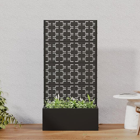 Casaphoria Metal Raised Garden Bed with Trellis, 59"x30"x12" Planter Box for Climbing Plants, Vegetables & Vines, Features Drainage Holes and Privacy Screen, Black-Brick