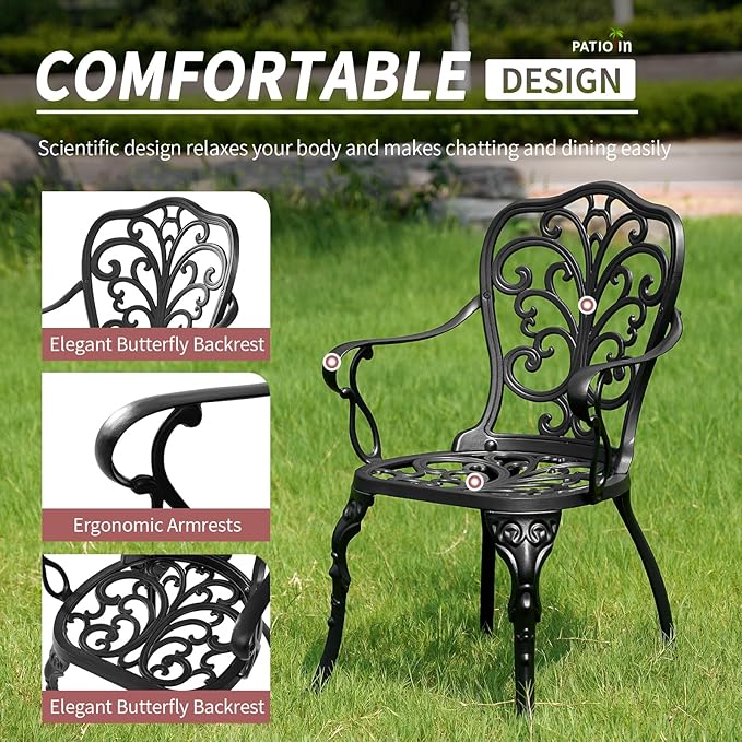 Outdoor Bistro Table and Chairs Set of 2, Outdoor Bistro Set 3 Piece with Umbrella Hole, Black Patio Bistro Sets Cast Aluminum for Balcony Porch Yard