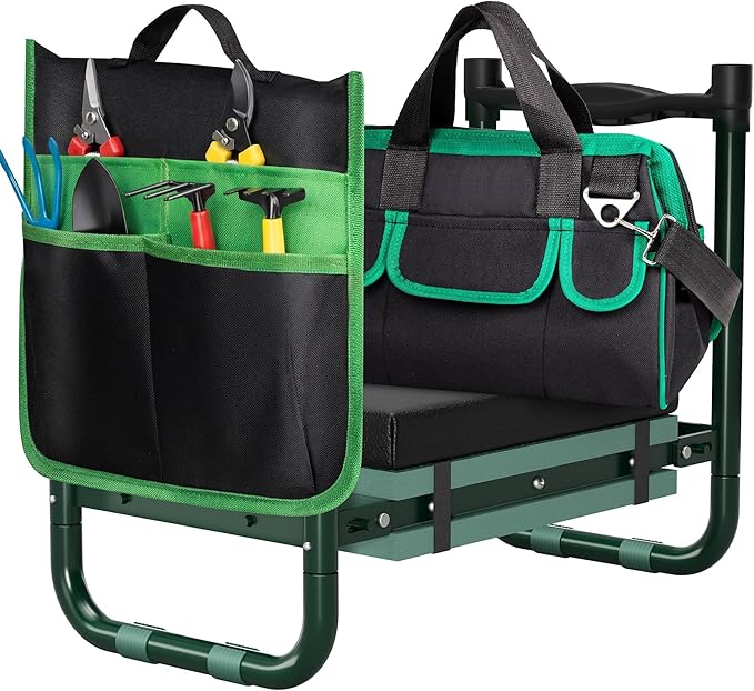 Walensee Foldable Garden Kneeler and Seat with Cross-Body Tool Bag & Removable Tool Pouch, Heavy Duty Garden Stool with Soft Leather Kneeling Pad, No Assembly, Ideal Gardening Gift for Women & Men