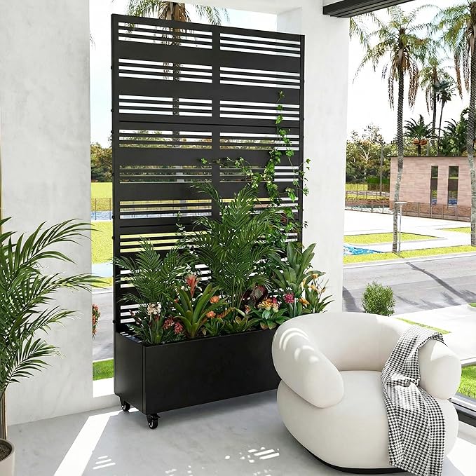 Casaphoria Metal Raised Garden Bed with Trellis and Wheels, 72"x47"x16" Planter Box for Climbing Plants, Vegetables & Vines, Features Drainage Holes and Privacy Screen (Black-Harold)