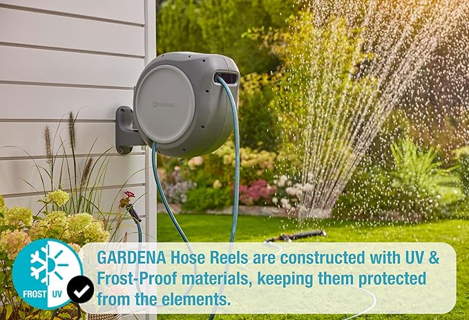 GARDENA (20500) Retractable Garden Hose Reel 50' x 1/2" hose, Wall Mounted, Automatic Retraction & Length Lock for Easy Watering. Heavy Duty Swivel Bracket 180°, Includes Nozzle. Made in Europe