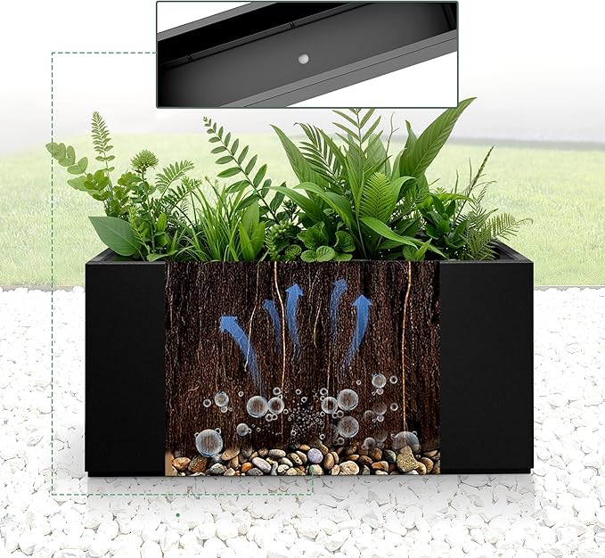 32" L x 10" W x 16" H Metal Rectangular Planters, Long Outdoor Planter Box, Black Rectangle Planter for Front Porch, Garden, with Drainage Holes, All Weather Use (No Insert Shelf)