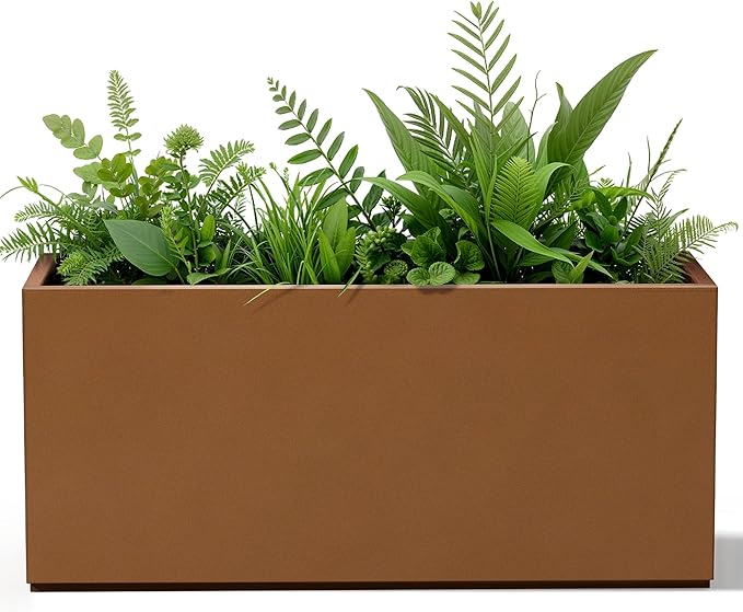 Metal Outdoor Planter Box, Rectangular Large Planters for Outdoor Plants with Drainage Holes for Patio, All-Weather Use, Rust-Resistance (38" L x 15" W x 16" H, Brown)