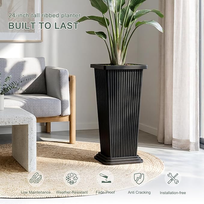 Tall Black Planters Outdoor Set of 2, Large Outdoor Tall Planters Pots with Tray, Modern Tapered Flower Planter for Front Porch, Patio, Garden (24", Ribbed)