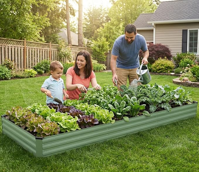 INNO STAGE Galvanized Raised Garden Bed Kits, 12x4x1ft Metal Raised Garden Beds Outdoor, Large Steel Raised Planter Bed with Gloves for Vegetables & Flowers Patio Ground Planter Box(Olive Green, 1PC)