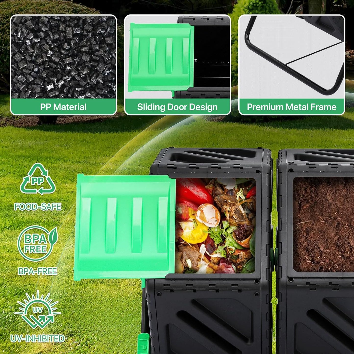 Athena Collection Chamber Compost Tumbler, 34 Gallon Outdoor Composter with Easy Assembly, Tumbling Compost Bin in PP Material for Garden, Yard & Kitchen Waste, Includes Gloves