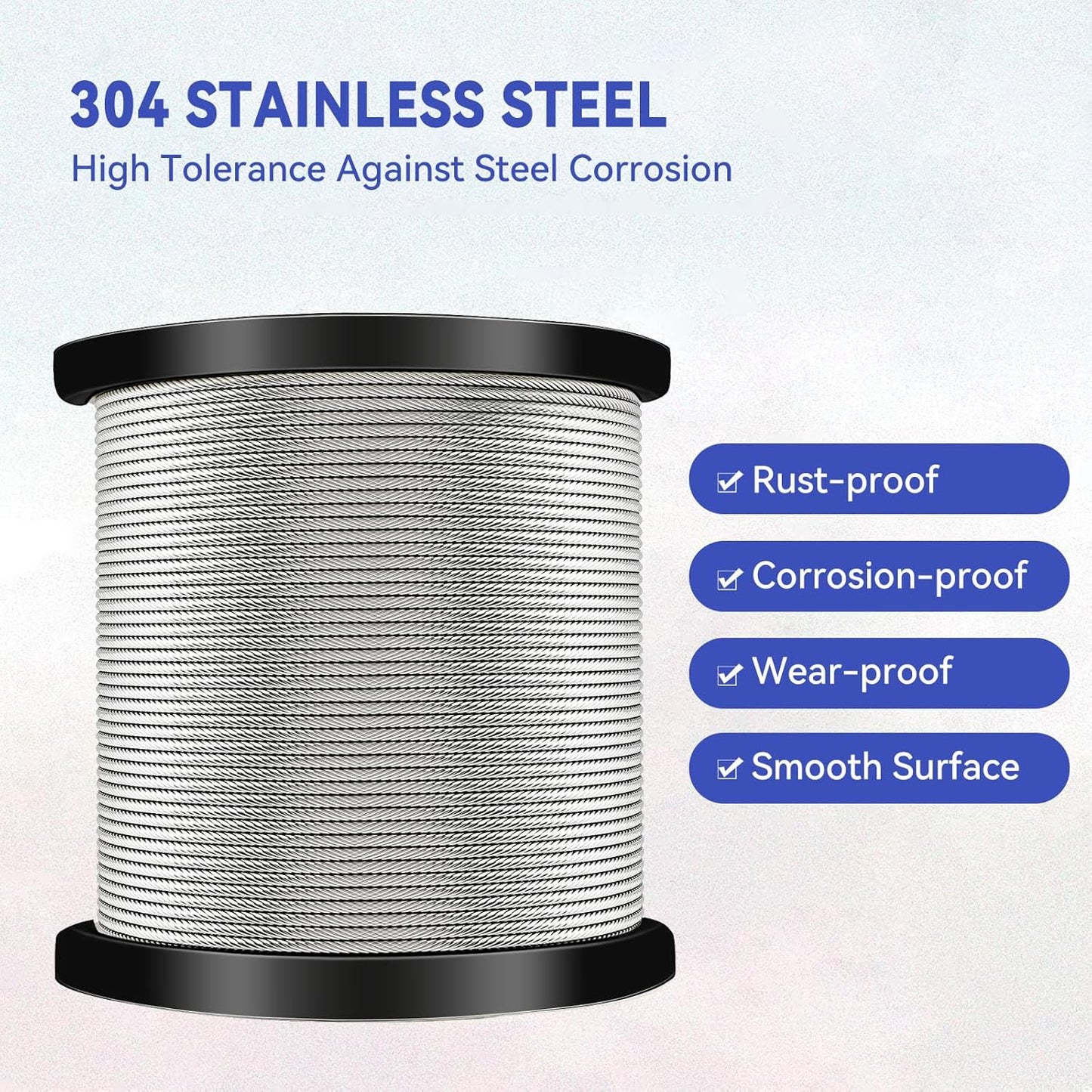 1/4" Stainless Steel Cable,7x19 Strand Aircraft Wire Rope,Cable for Heavy Duty Applications,Zip Iine and Outdoor Pulley Cables,Deck Railing, with Gloves,Breaking Strength 6400 Ibs,300FT