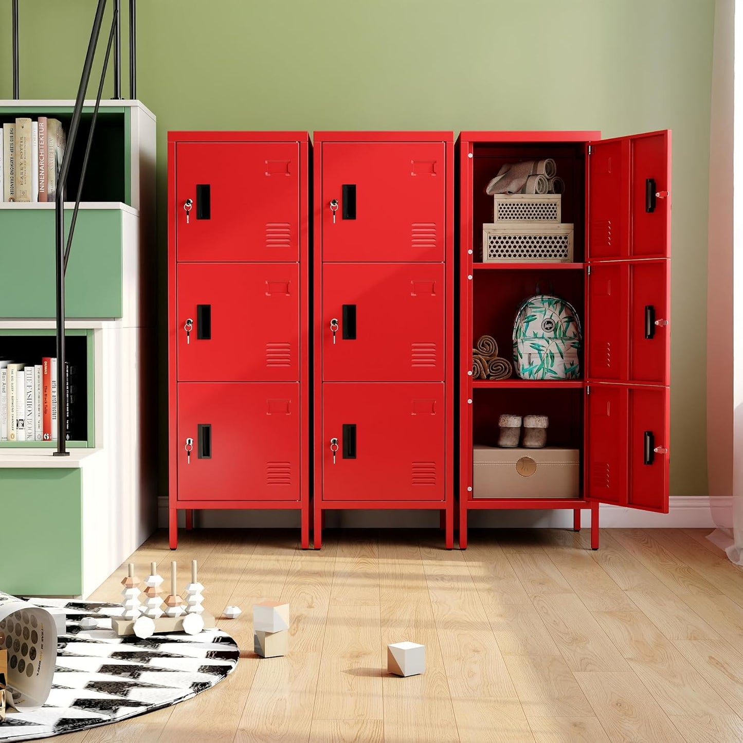 47.3" H x 15.8" D x 15.8" W Metal Storage Locker for Employees,3 Doors Employee Lockers with Adjustable Feet,Steel Home Office Storage Cabinet for School Gym Home Office, Assembly Required,Red