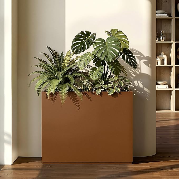 Tall Rectangular Planter Box, Metal Large Planters for Outdoor Plants, Flowers, with Drainage Holes (30" L x 12" W x 24" H, Brown)