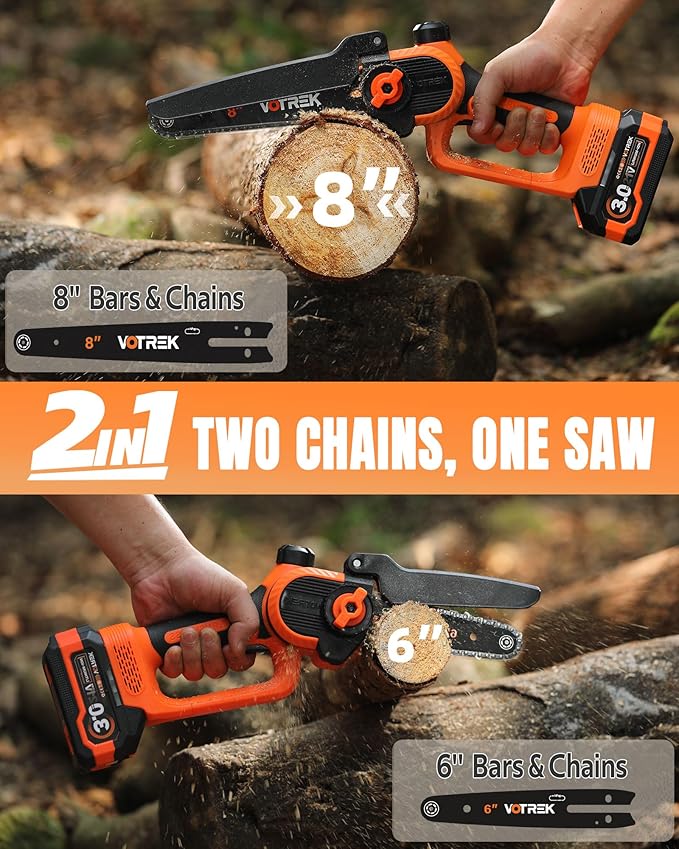 VOTREK® [2-in-1] 8" & 6" Chainsaw Cordless with 2x3.0AH Batteries - Powerful Brushless Electric Mini Chain Saw Set (4 Chains& 2 Bars), Christmas Gardening Tools Gifts for Husband Dad Mom Father Men
