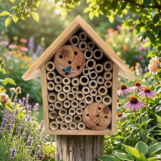 Mason Bee Houses Outdoor Wooden Bee Hotel for Garden and Yard Hand-Made Bamboo Bee Hive for Bees Butterflies and Ladybugs, Medium Size 8"x7.5"x5", Natural Finish