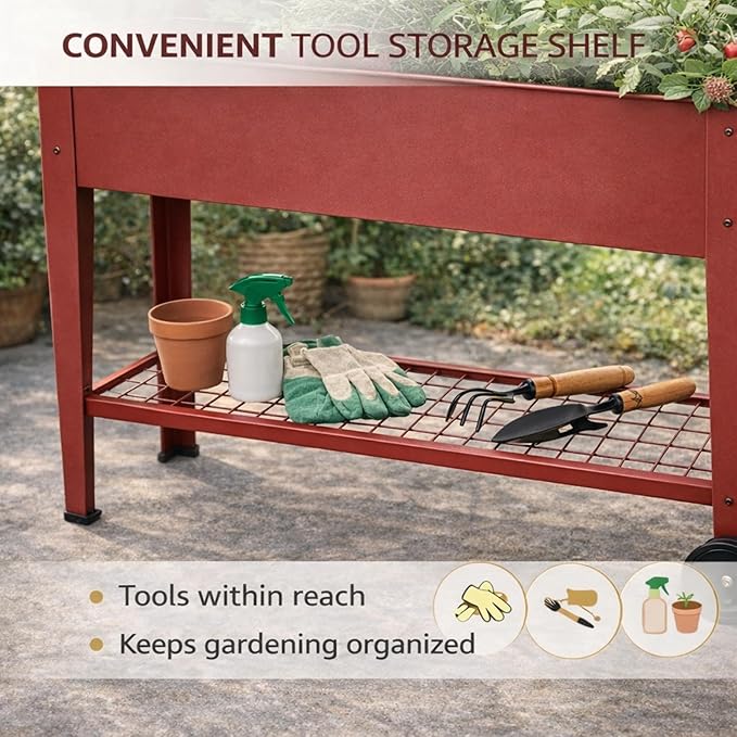 InSideOut Elevated 40" Raised Garden Bed Outdoor with Wheels & Shelf for Mobility, Metal Planter Box for Vegetables/Herbs, Patio-Balcony-Backyard (Red)
