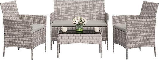 GAOMON 4-Piece Patio Furniture Set, Modern PE Rattan Conversation Set with 2 Chairs, Loveseat & Tempered Glass Coffee Table, All-Weather Outdoor Seating for Garden, Porch, Balcony, Poolside
