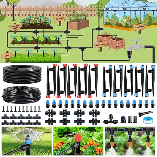240FT Drip Irrigation System Kit Quick-Connect, Automatic Garden Watering System for Raised Garden Beds, Greenhouse, Yard, Lawn, Plant with 1/2 inch Hose 1/4 inch Distribution Tubing and Accessories
