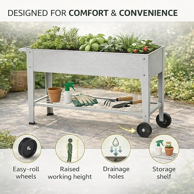 InSideOut Elevated 40" Raised Garden Bed Outdoor with Wheels & Shelf for Mobility, Metal Planter Box for Vegetables/Herbs, Patio-Balcony-Backyard (White)